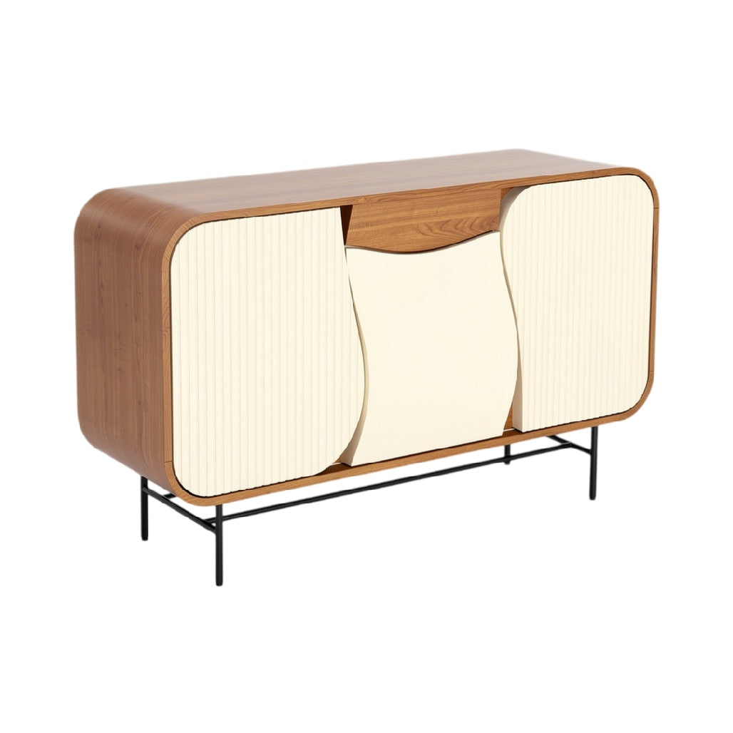 **Titre technique : Buffets en bois avec portes en relief et base métallique**