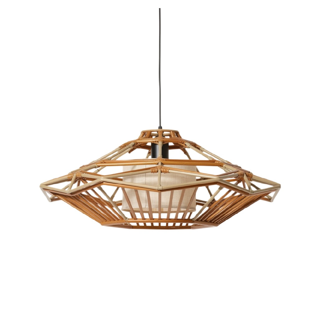 **Suspension en rotin artisanale avec abat-jour en tissu**