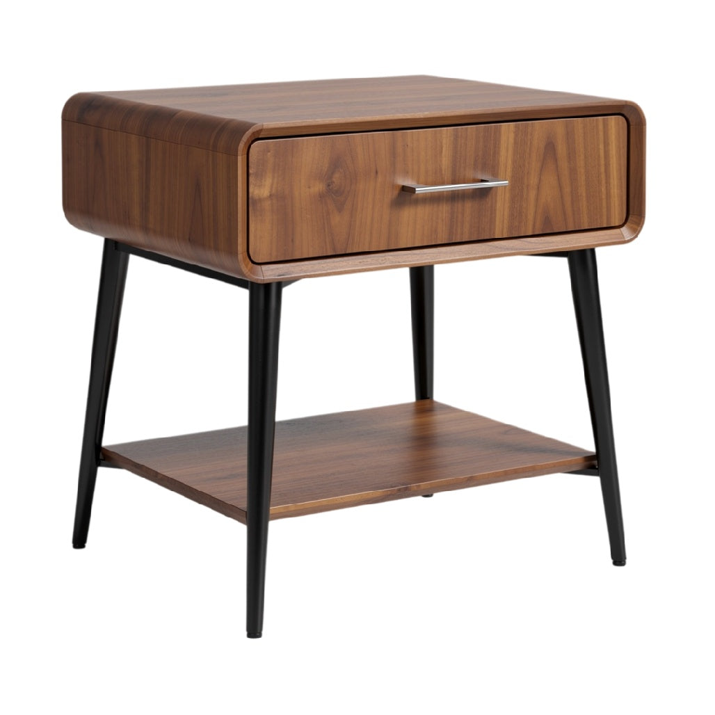 **Table de chevet en bois avec tiroir et pieds en métal noir**