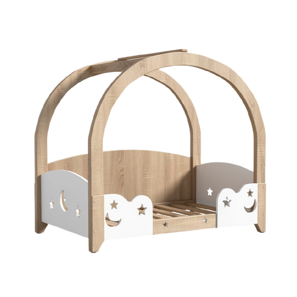 **Titre technique : Lit enfant en bois avec arche lumineuse et décorations étoilées**
